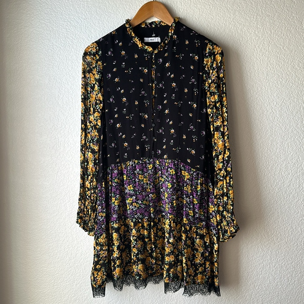 MANGO Floral Black and Yellow Long Sleeve Dress